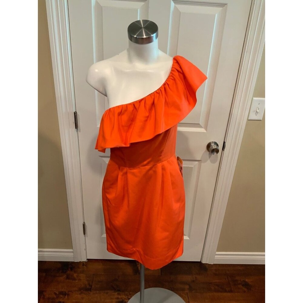Rebecca Taylor Orange One Shoulder W/ One Ruffle Sleeve Dress, Size 2